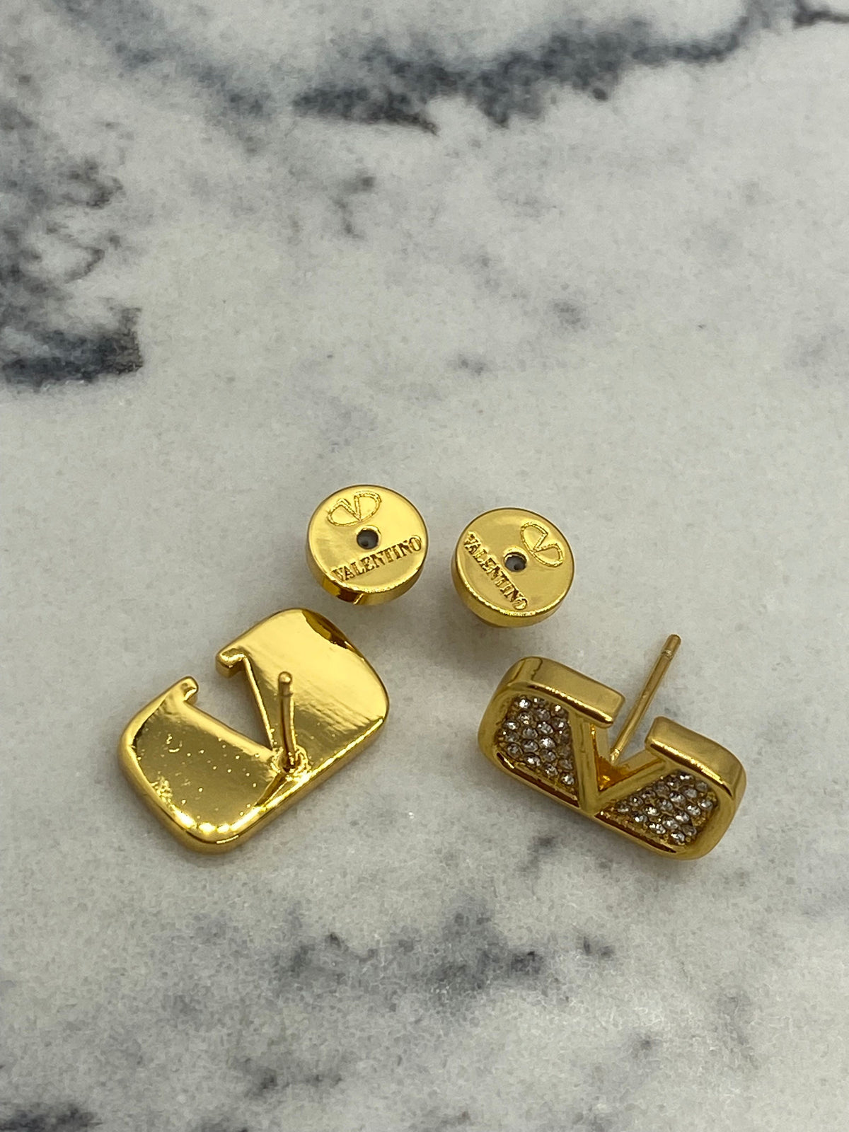 VALENTINO Gold Tone Rhinestone Monogram Earrings - Pre owned
