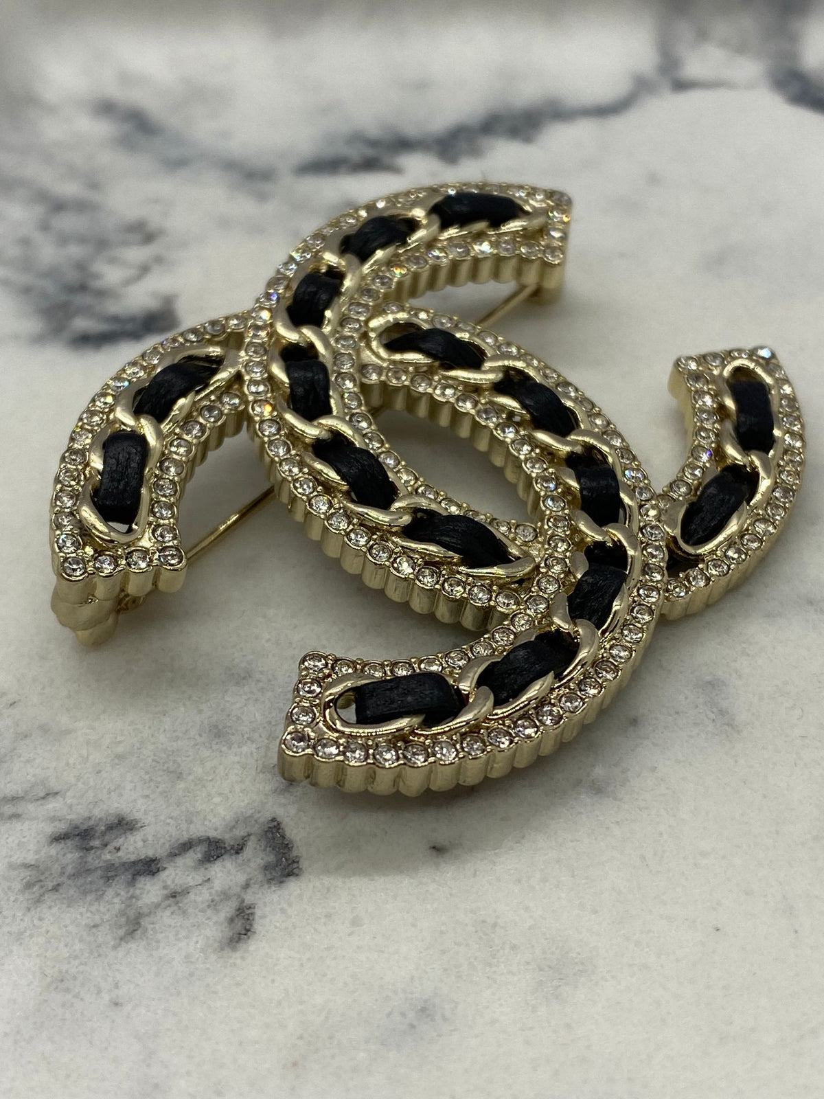CHANEL CC Leather Trim Brooch Pin - Pre owned