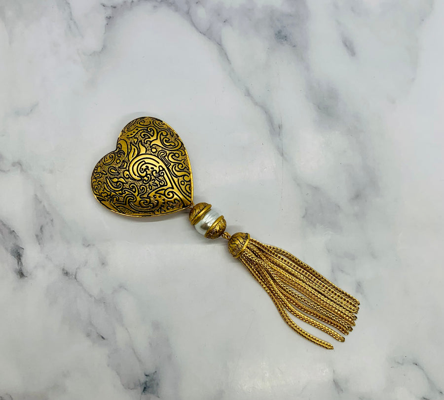 YSL YVES SAINT LAURENT Vintage Heart Tassel Brooch Pin - Pre owned