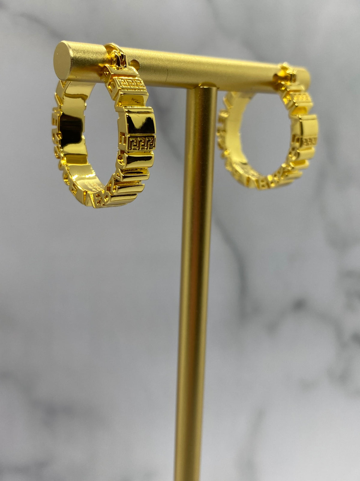 VERSACE Gold Tone Monogram Hoop Earrings - Pre owned