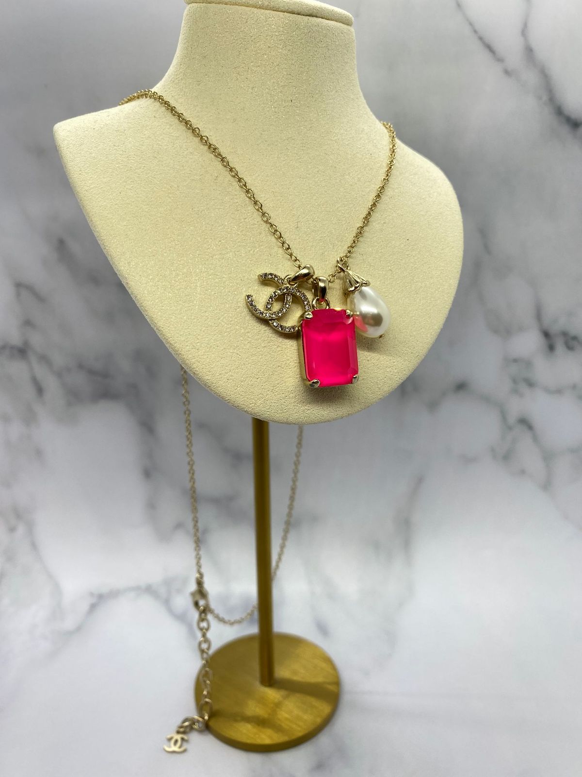 CHANEL CC Pink Rhinestone Charm Necklace - USED