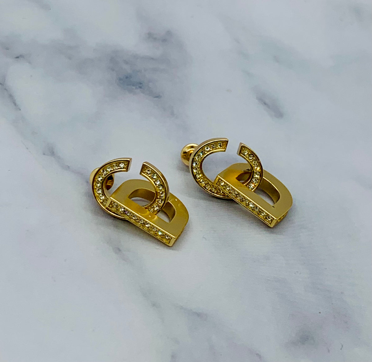 CHRISTIAN DIOR CD Gold Tone Rhinestone Earrings - Pre owned