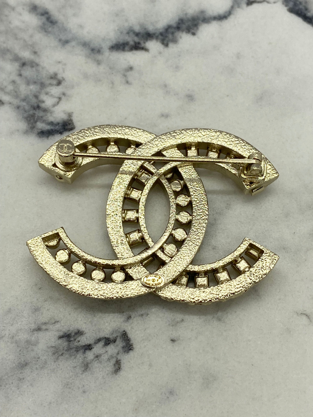 CHANEL CC Light Gold Rhinestone Brooch Pin - USED