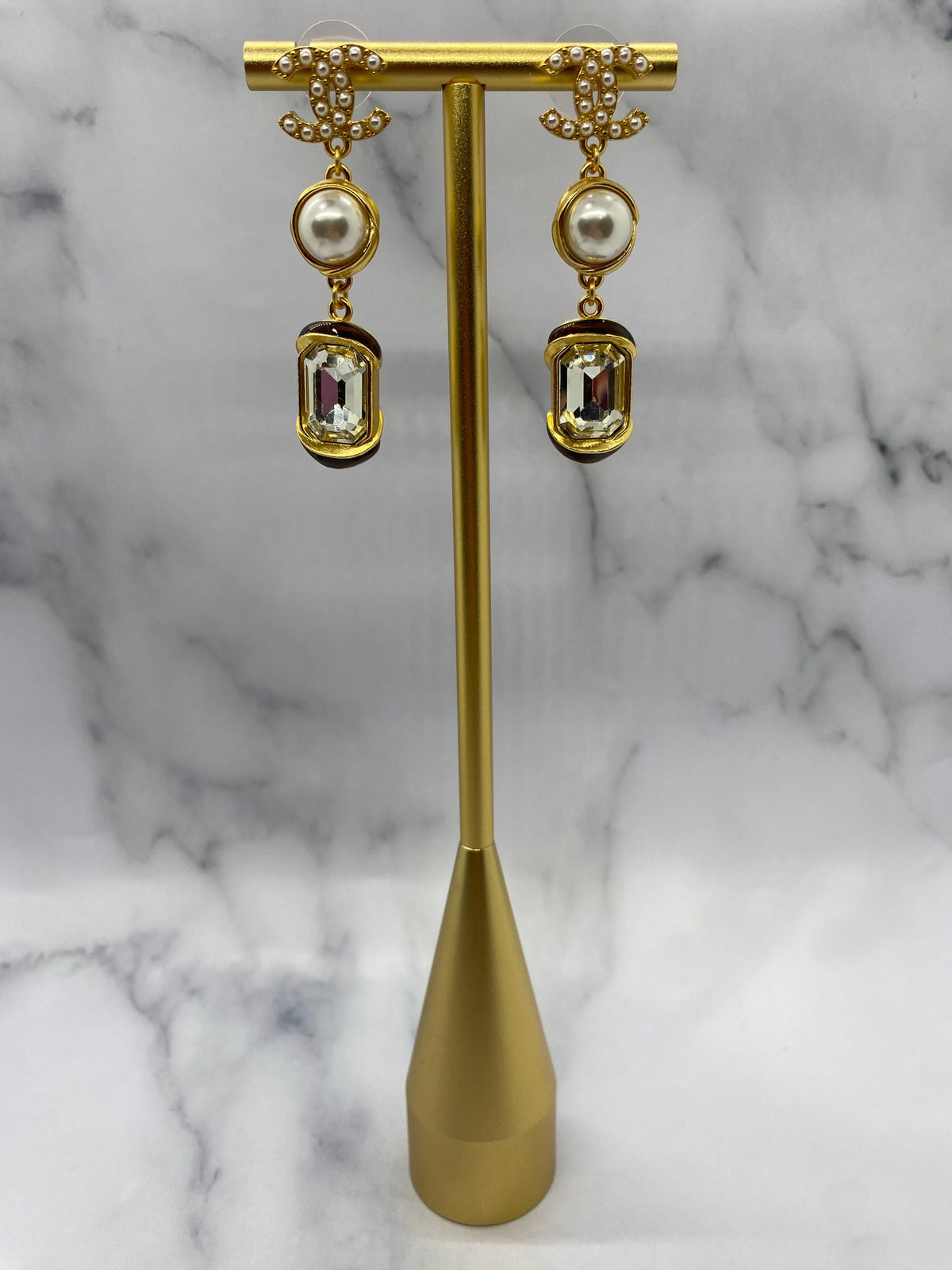 CHANEL CC Gold Tone Rhinestone Pendant Earrings - USED