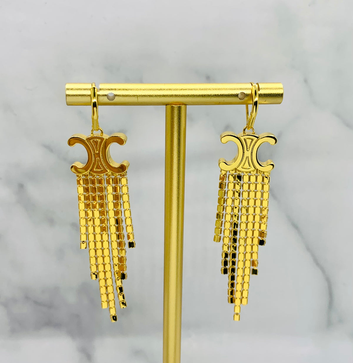 CELINE Monogram Rhinestone Fringe Earrings - Pre owned