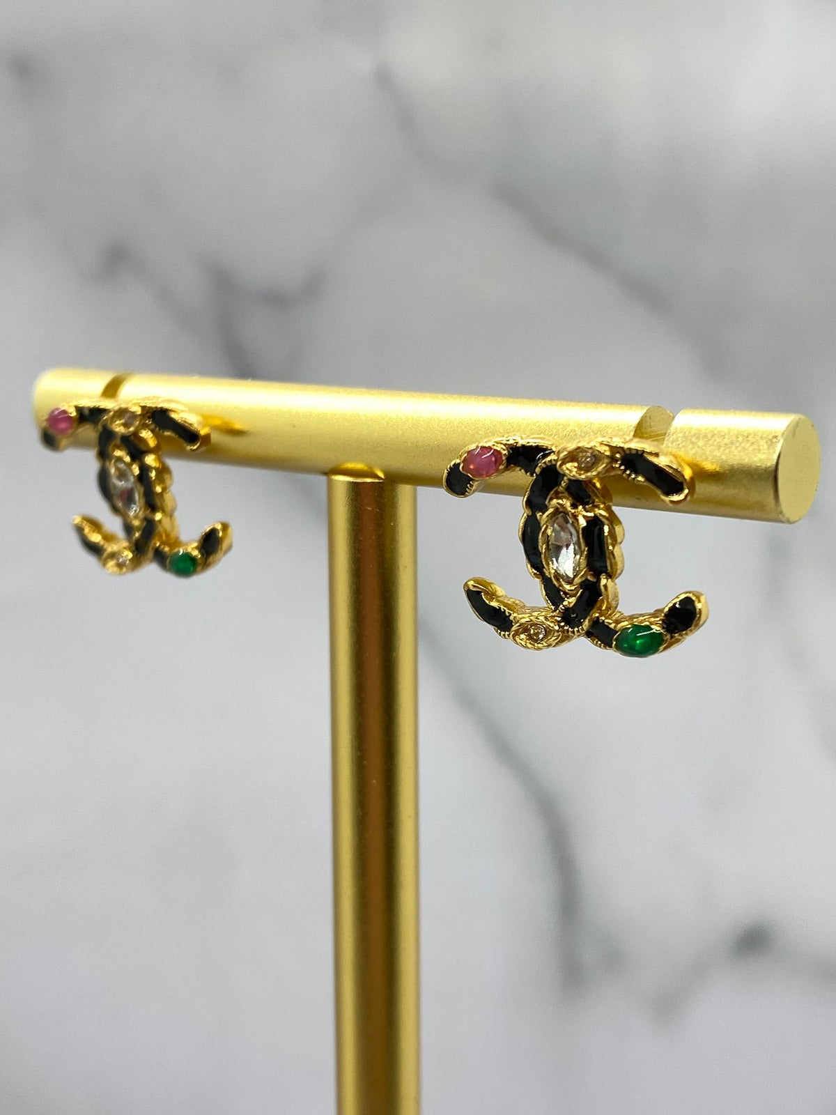 CHANEL CC Gold Tone Colorful Rhinestone Earrings - Pre owned
