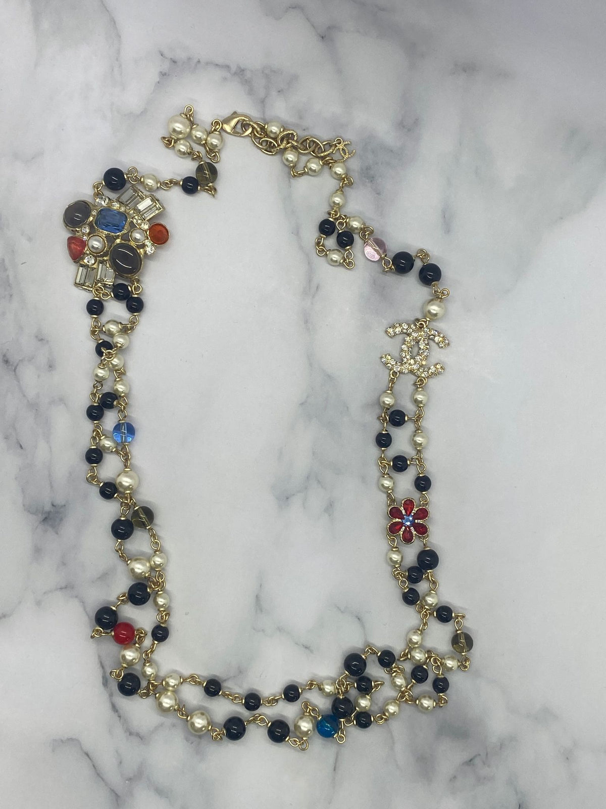 CHANEL CC Flower Rhinestone Layered Necklace - USED