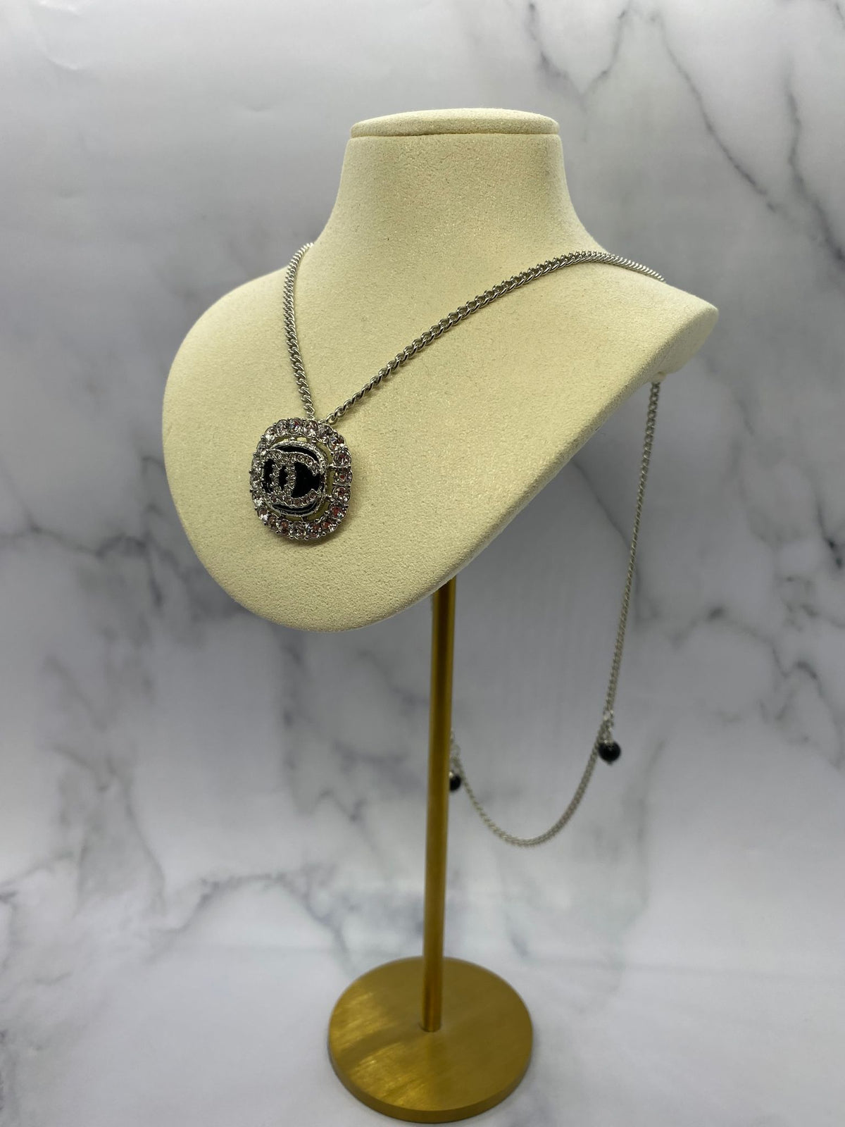 CHANEL CC Silver Tone Rhinestone Charm Necklace - USED