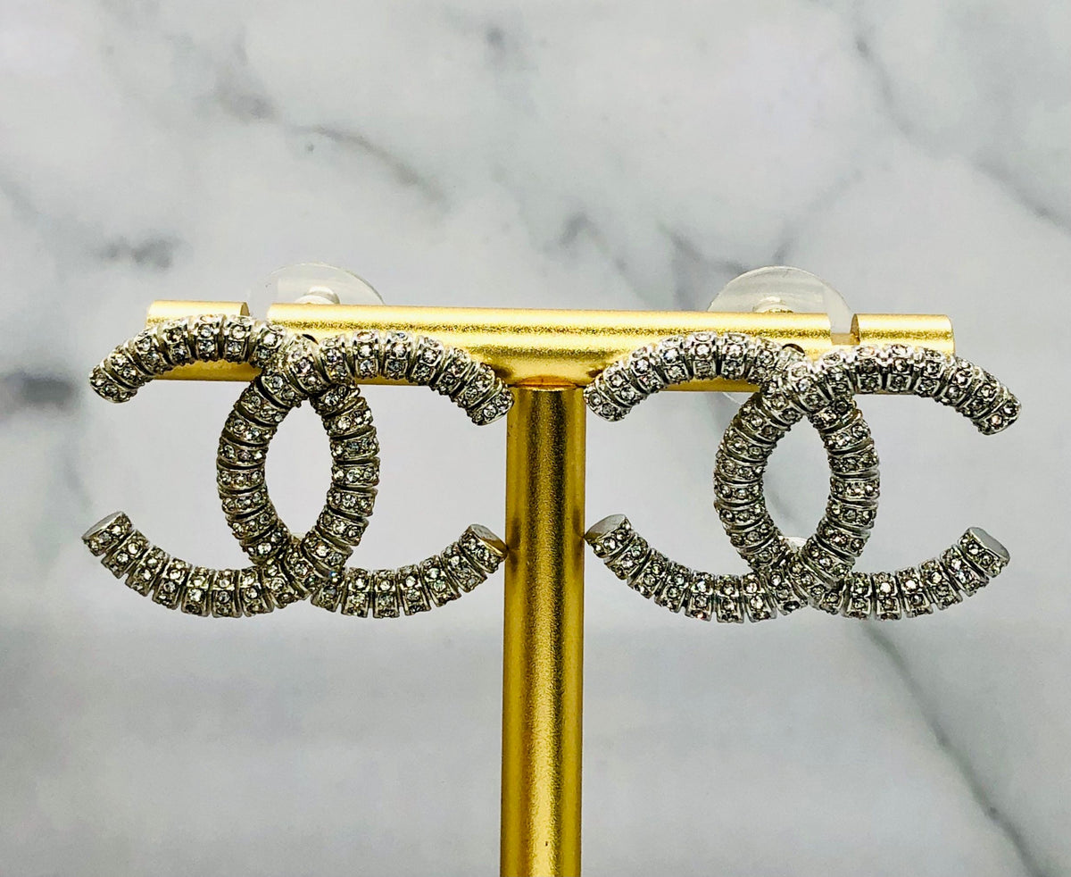 CHANEL CC Silver Tone Rhinestone Earrings - USED