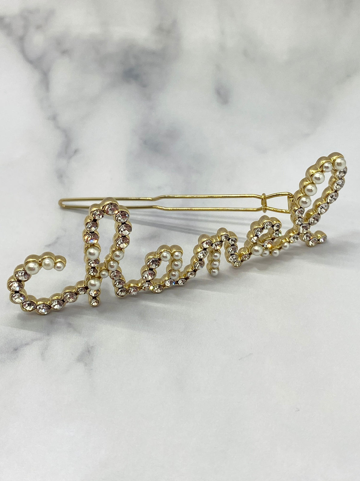 CHANEL CC Pearl & Rhinestone Script Hair Clip - Pre owned