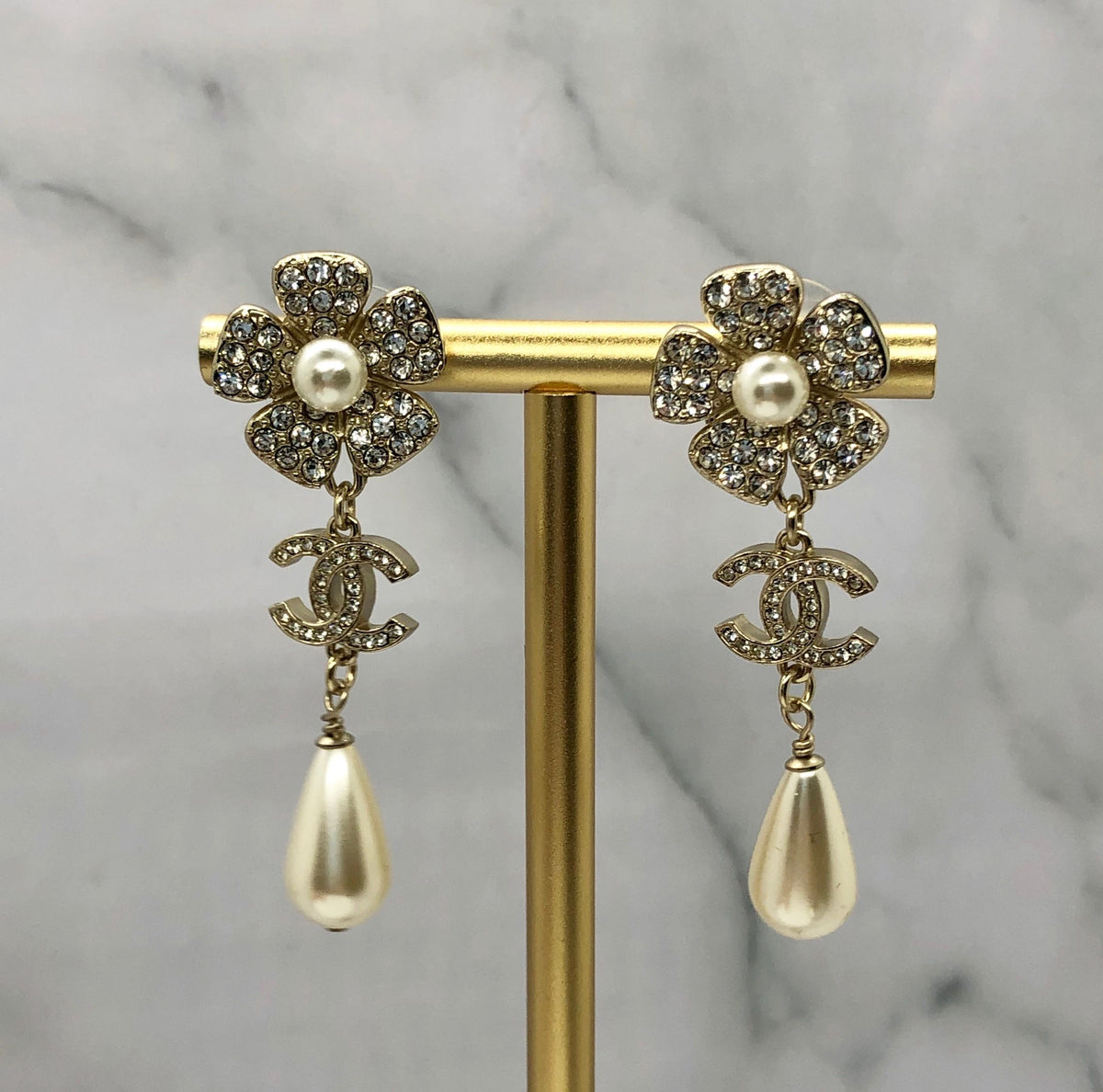 CHANEL CC Rhinestone Floral Pendant Earrings - USED