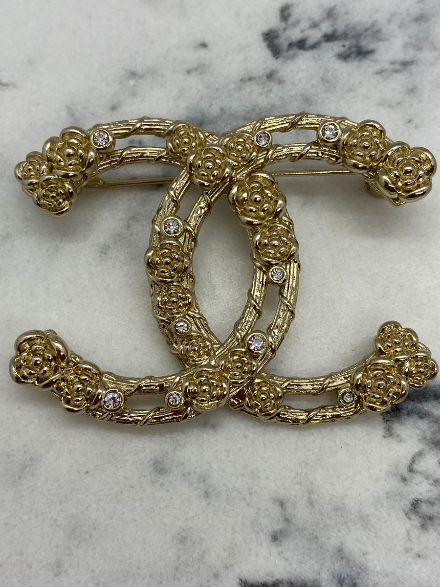CHANEL CC Floral Gold Tone Brooch Pin - USED