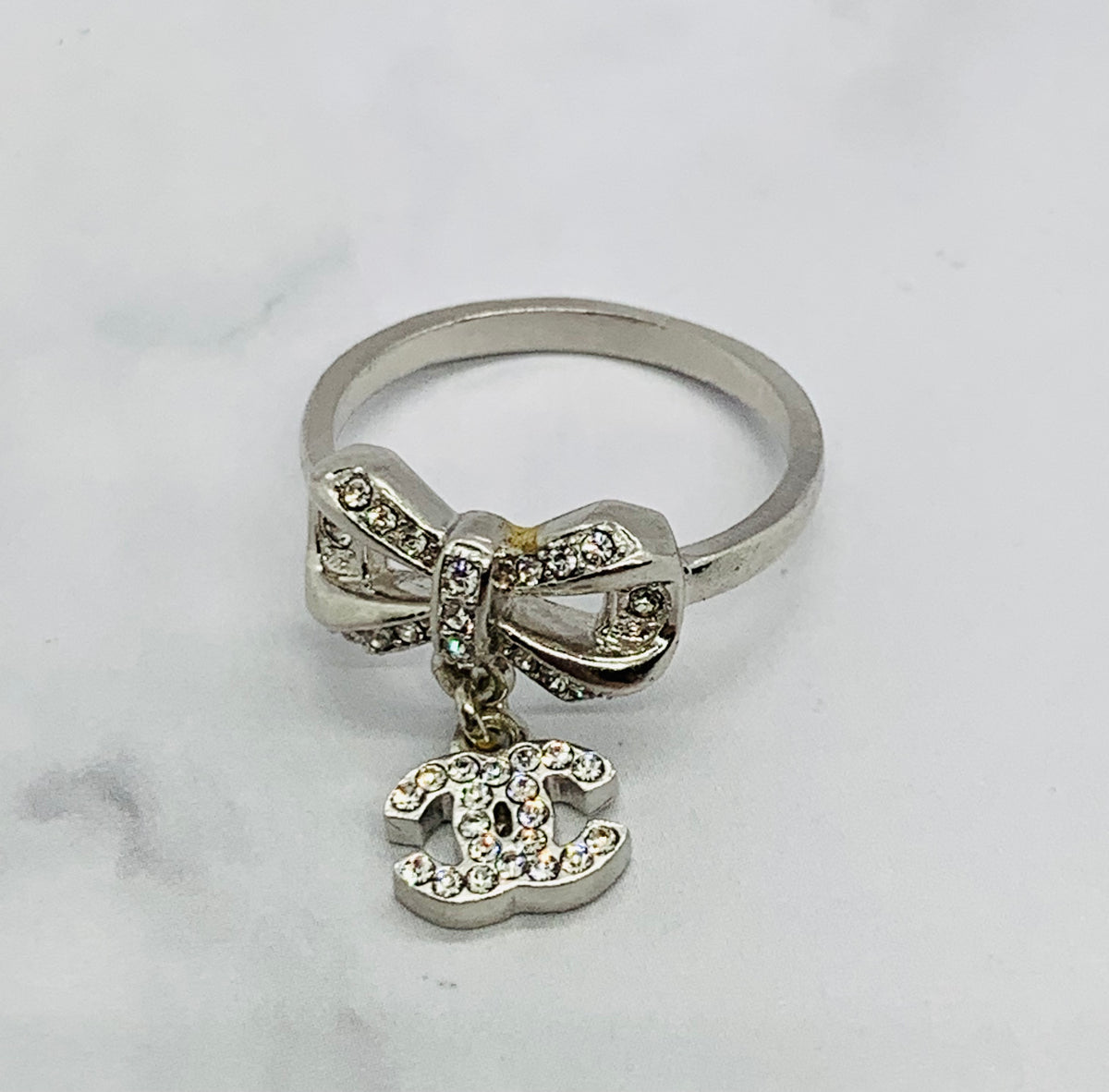 CHANEL CC Rhinestone Bow Ring Size 7 - USED