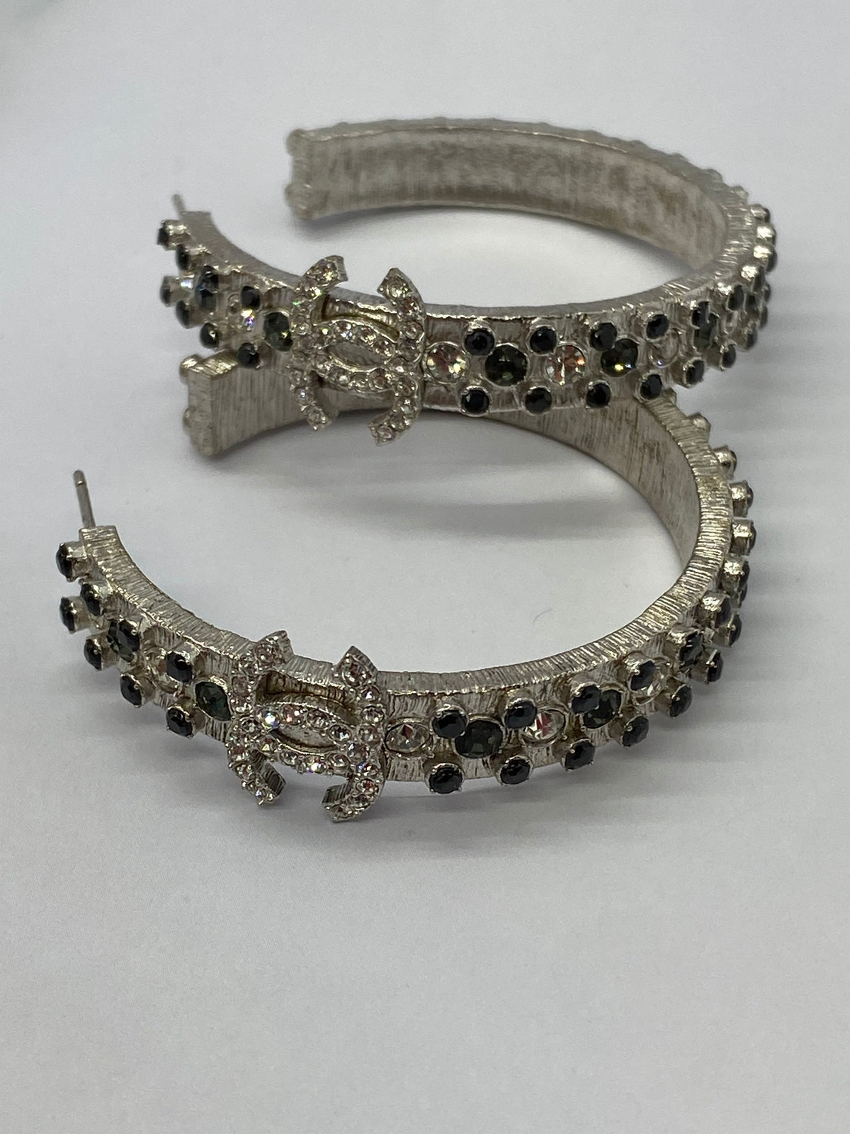 CHANEL CC Silver Tone Rhinestone Hoop Earrings - USED