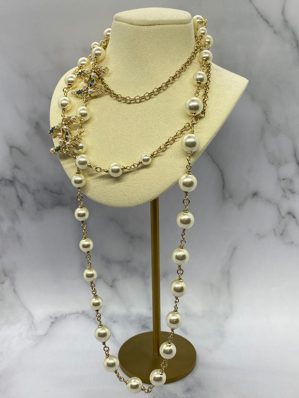 CHANEL CC Pearl Trim Long Layer Necklace - USED