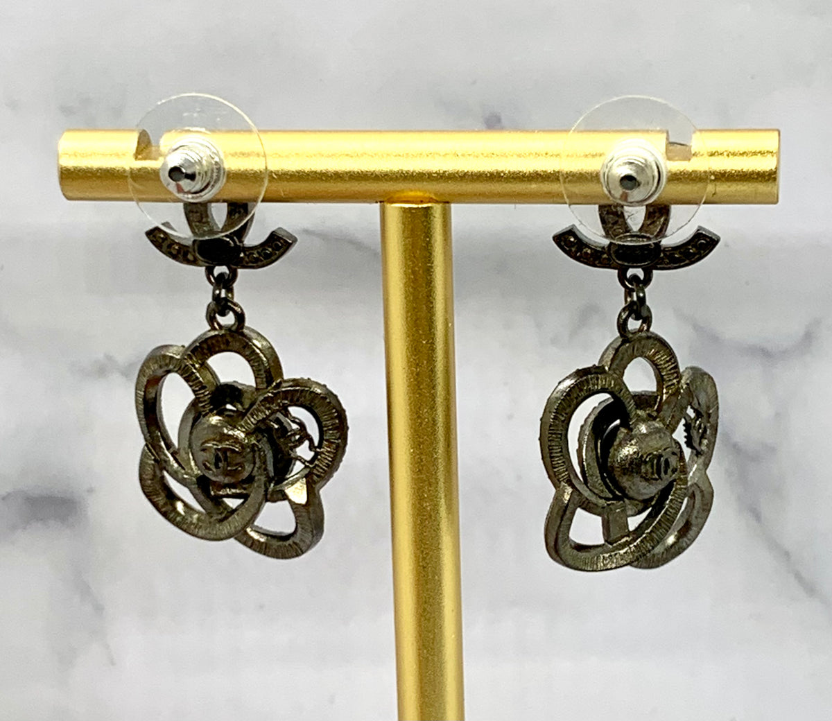 CHANEL CC Black Camelia Rhinestone Pendant Earrings - USED