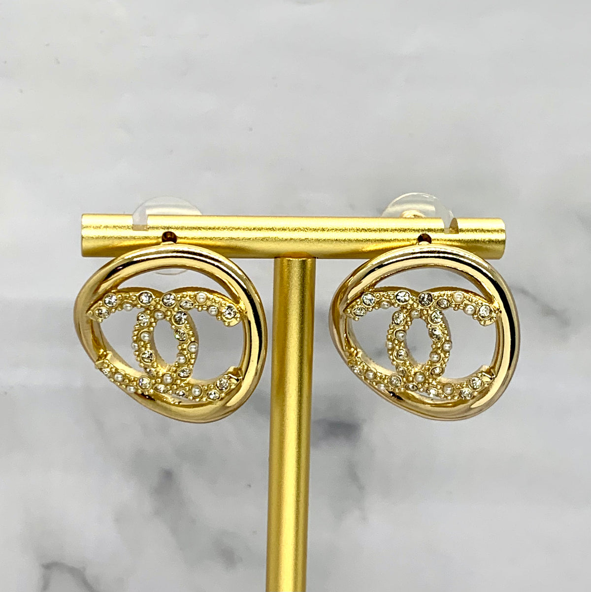 CHANEL CC Gold Tone Rhinestone Earrings - Pre owned