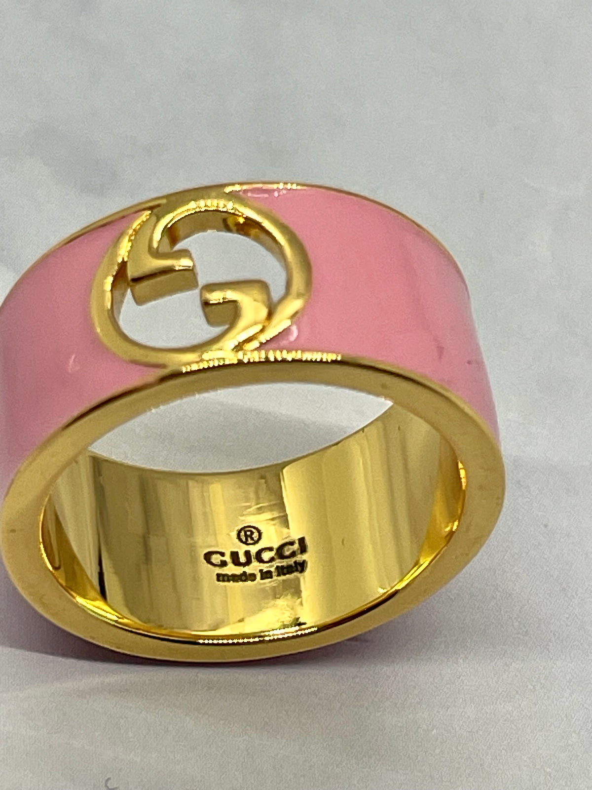 GUCCI Pink Enamel Monogram Ring Size 7.5 - Pre owned