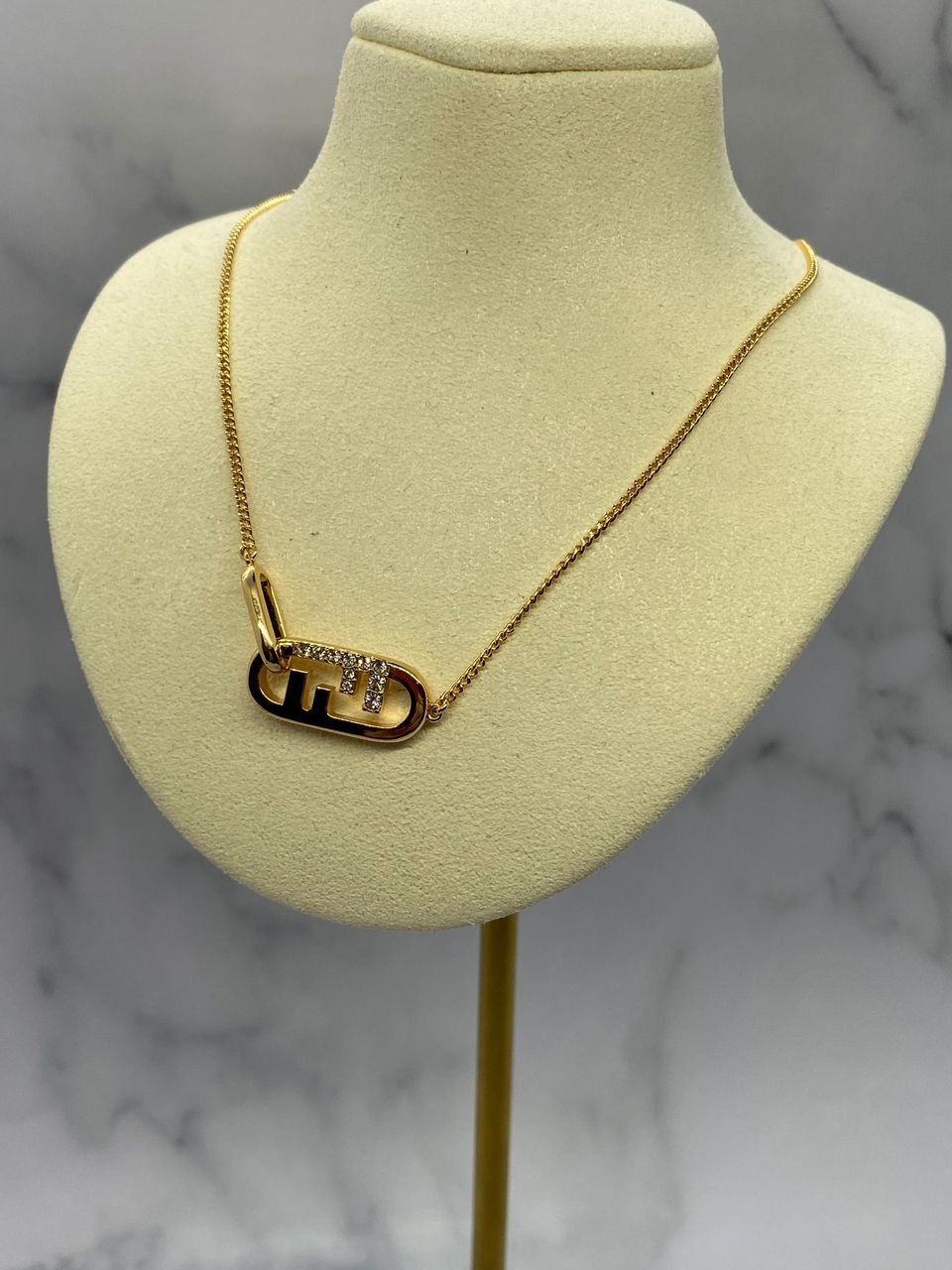 FENDI F Gold Tone Rhinestone Charm Necklace - Pre owned