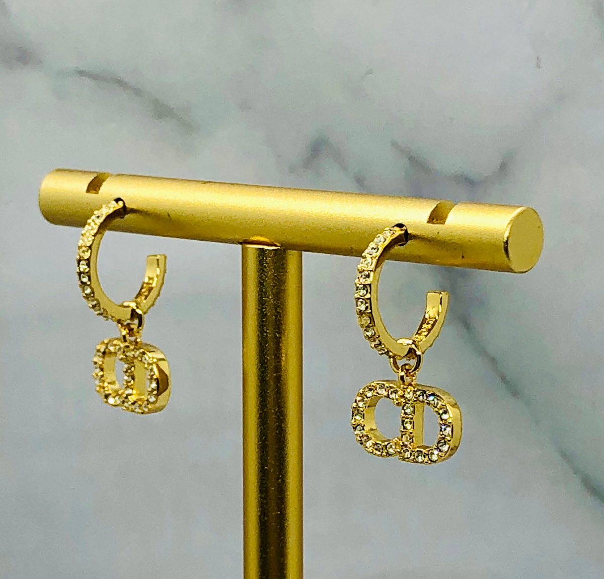 CHRISTIAN DIOR CD Gold Tone Rhinestone Earrings - Pre owned
