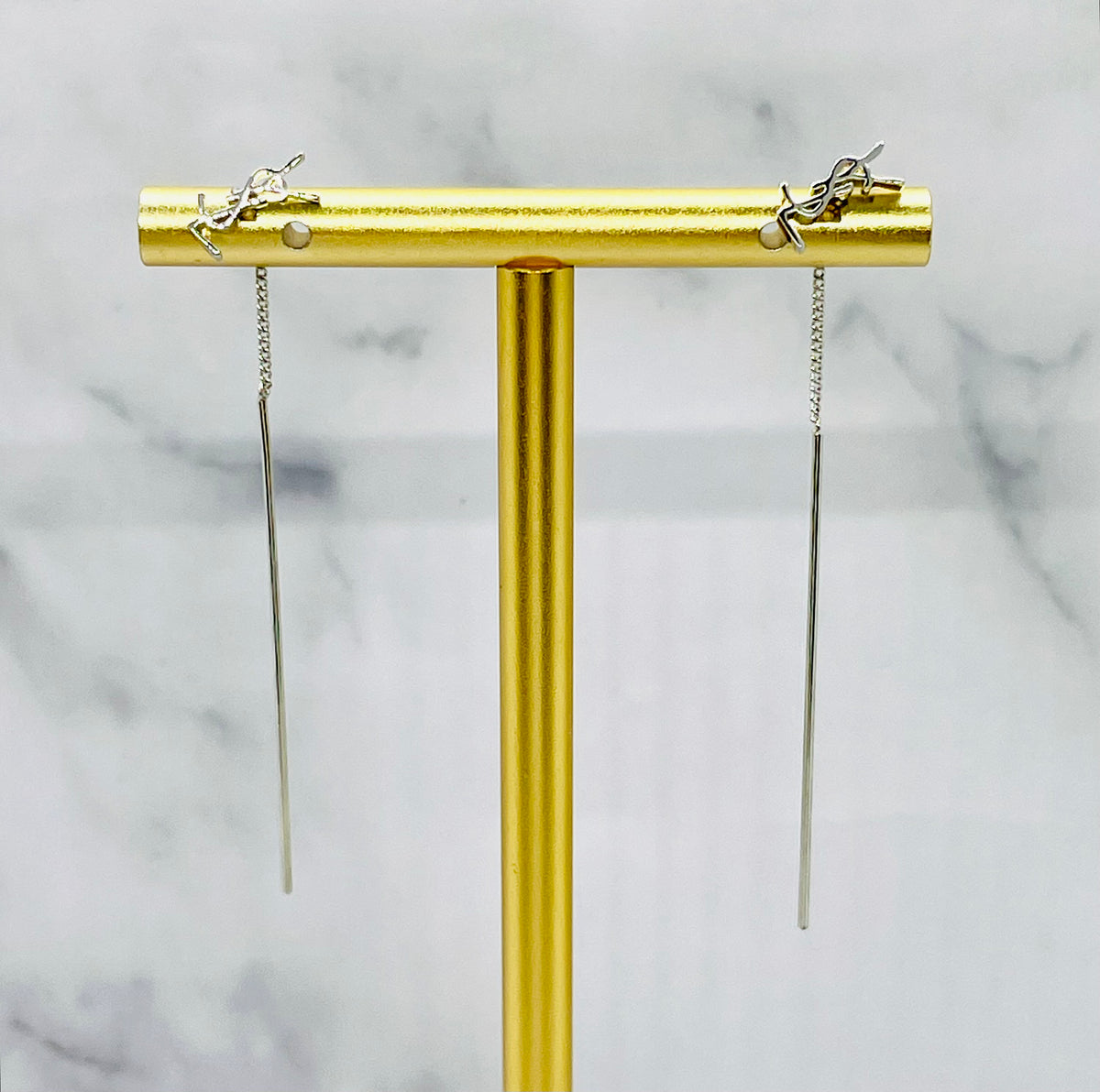 YSL Yves Saint Laurent SILVER Tone Threaded Earrings - Pre owned