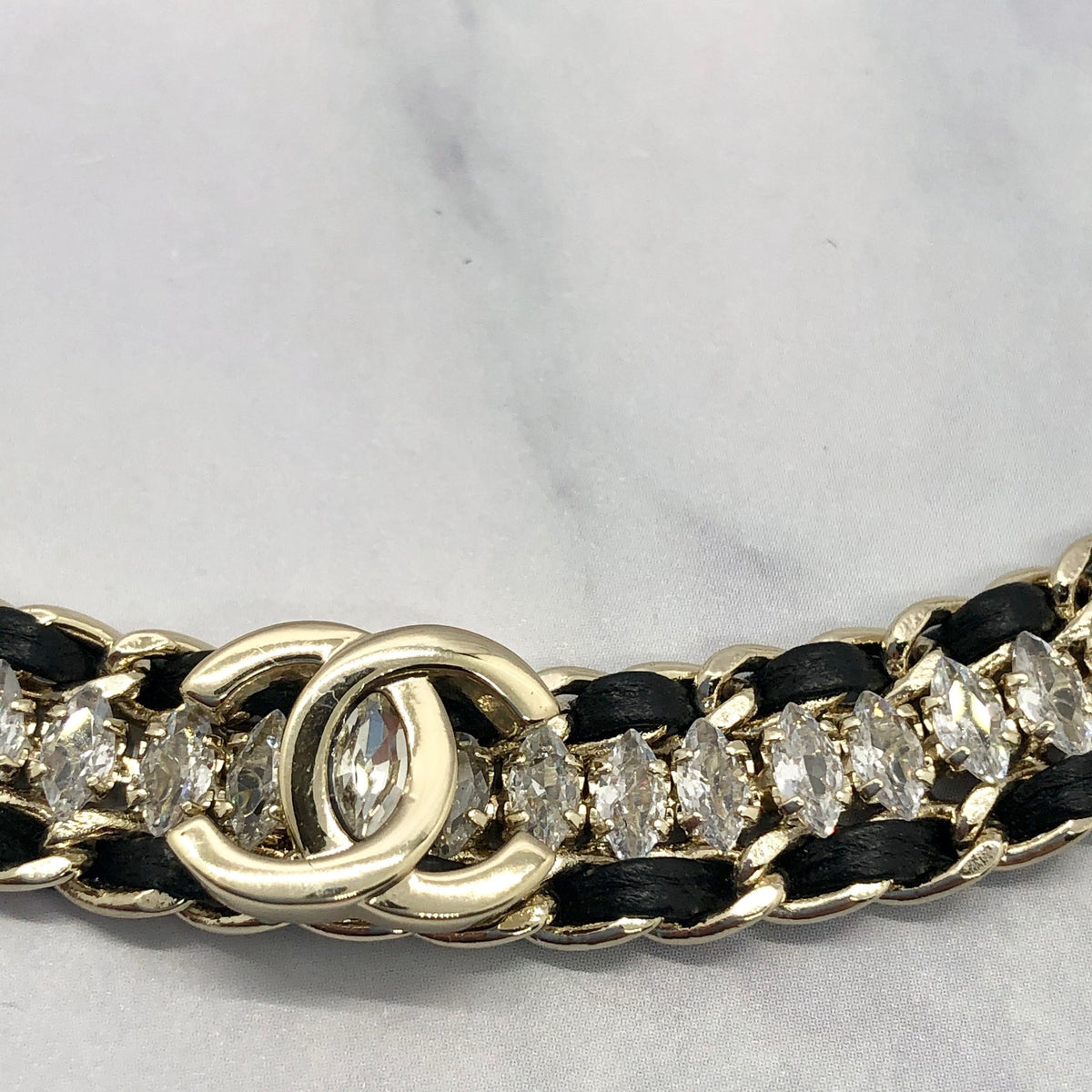 CHANEL CC Leather Rhinestone Choker Necklace - USED