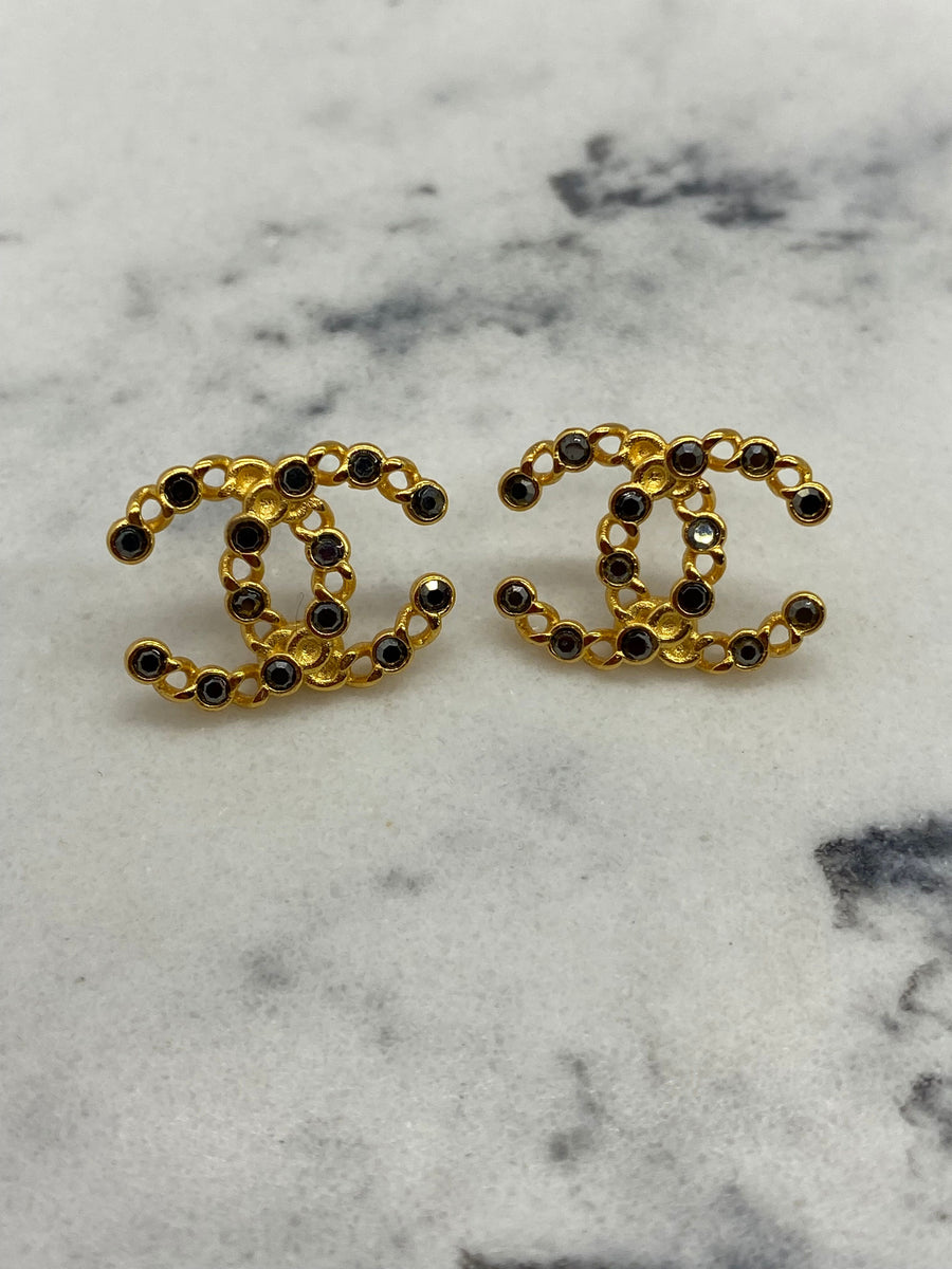 CHANEL CC Gold Tone Black Rhinestone Earrings / USED