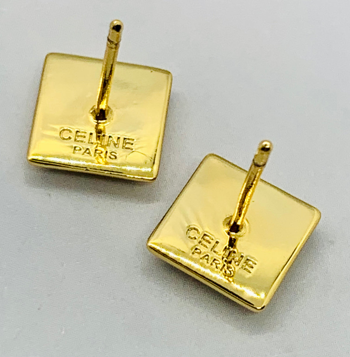 CELINE Monogram Gold Tone Square Earrings - Pre owned