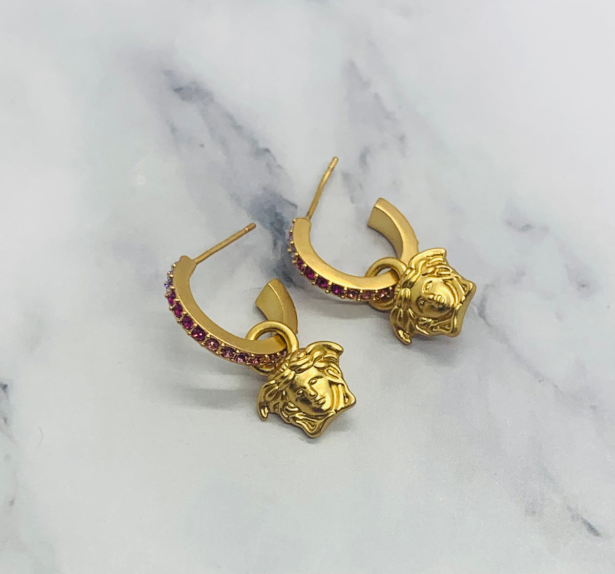VERSACE Medusa Pink Rhinestone Pendant Earrings - Pre owned