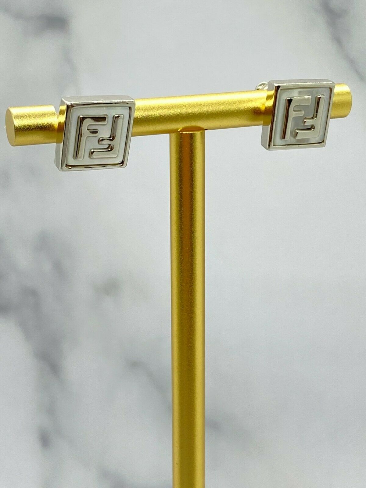 FENDI FF Silver Tone White Monogram Earrings - Pre owned