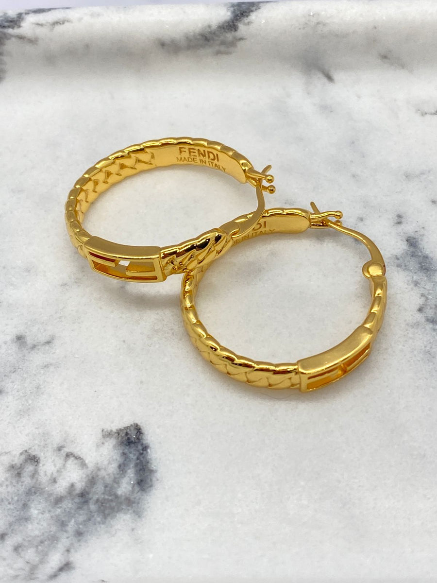 FENDI F Gold Tone Textured Hoop Earrings - Pre owned
