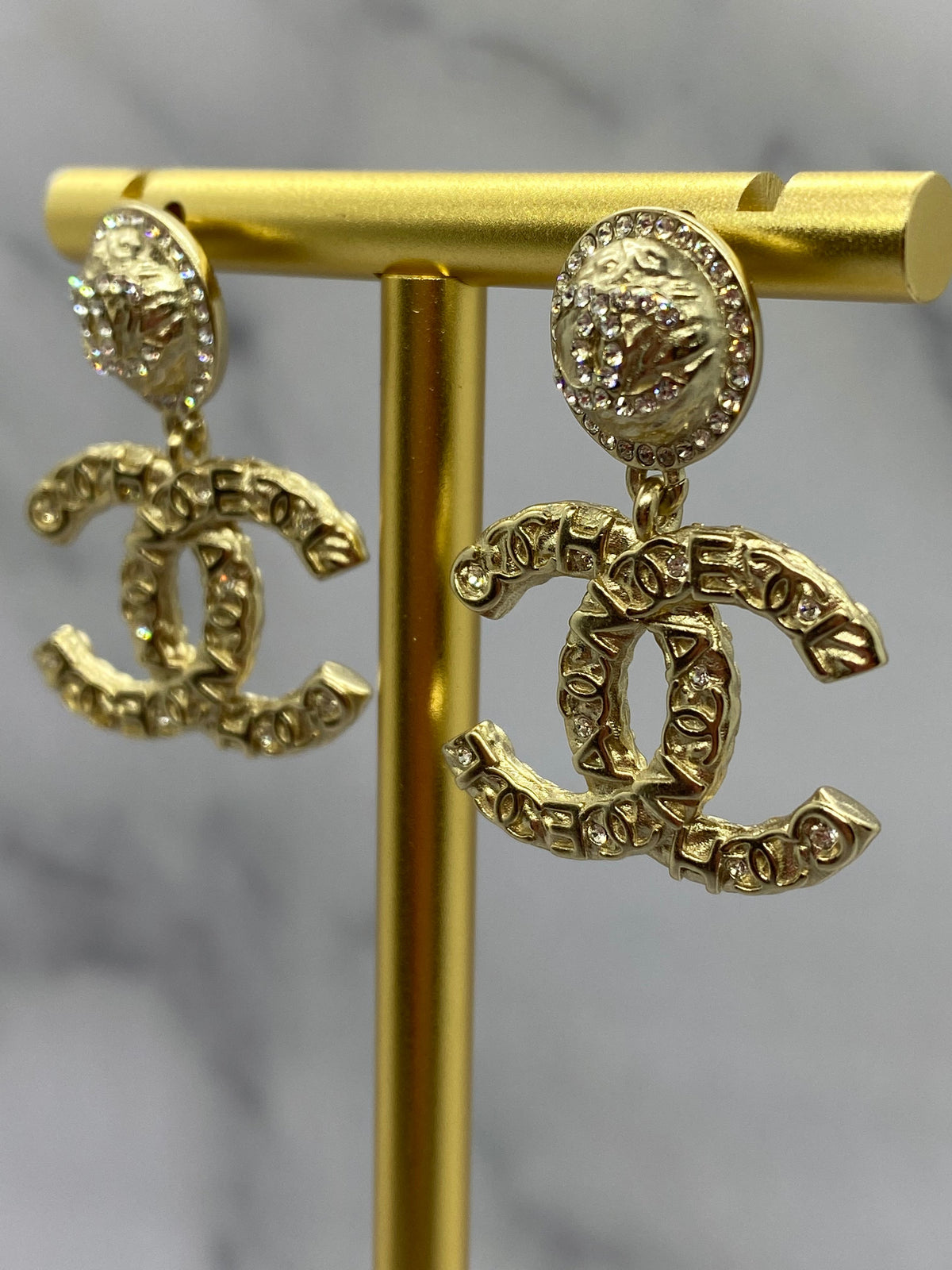 CHANEL CC Gold Tone Monogram Statement Earrings - USED