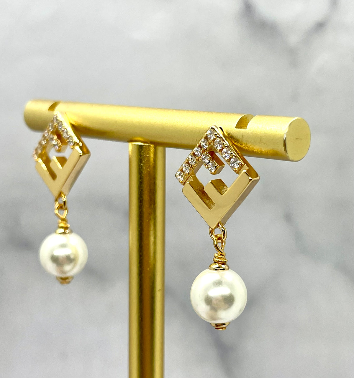 FENDI Rhinestone & Pearl Pendant Earrings - Pre owned