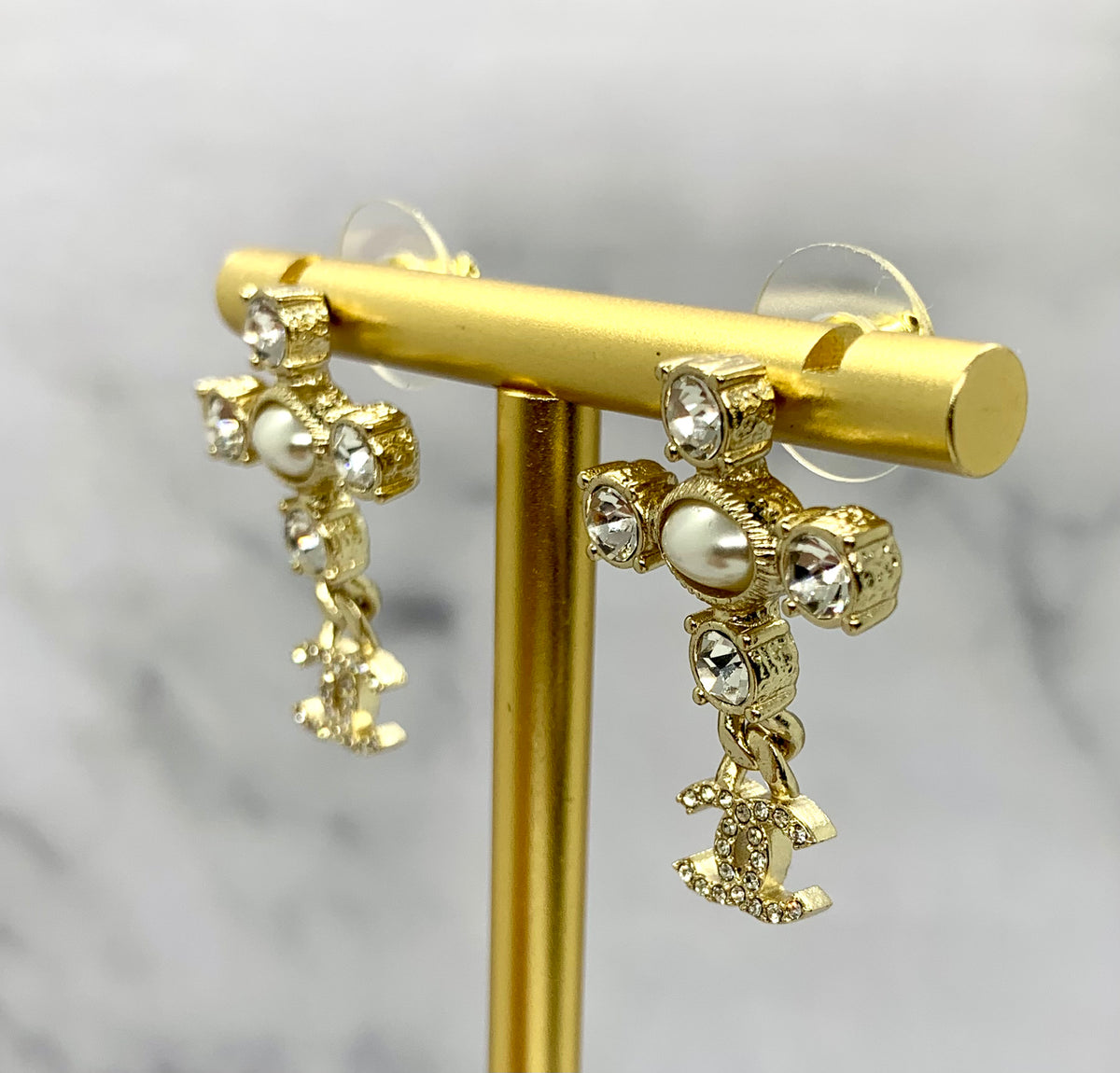 CHANEL CC Rhinestone Cross Earrings - USED