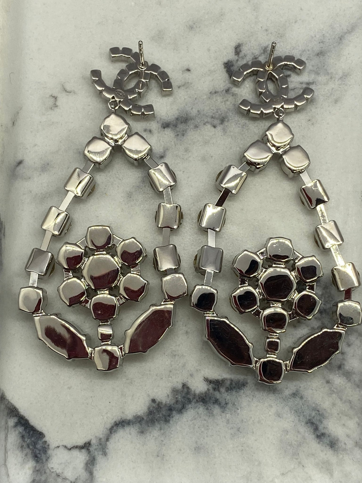 CHANEL CC Silver Tone Rhinestone Chandelier Earrings - Pre owned