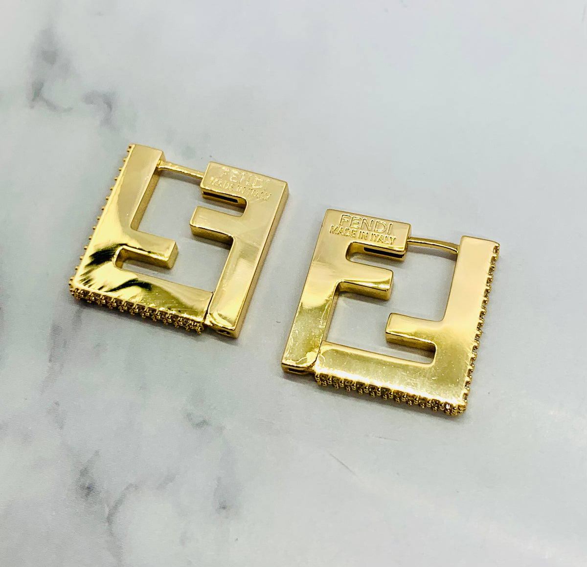 FENDI FF Gold Tone Monogram Earrings - Pre owned