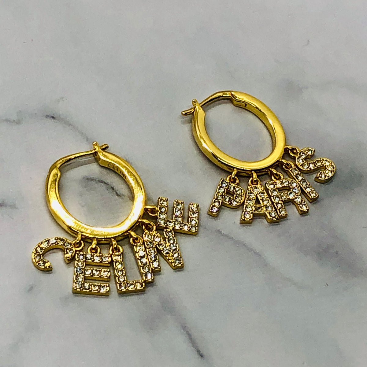 CELINE Paris Rhinestone Gold Tone Hoop Earrings - Pre owned