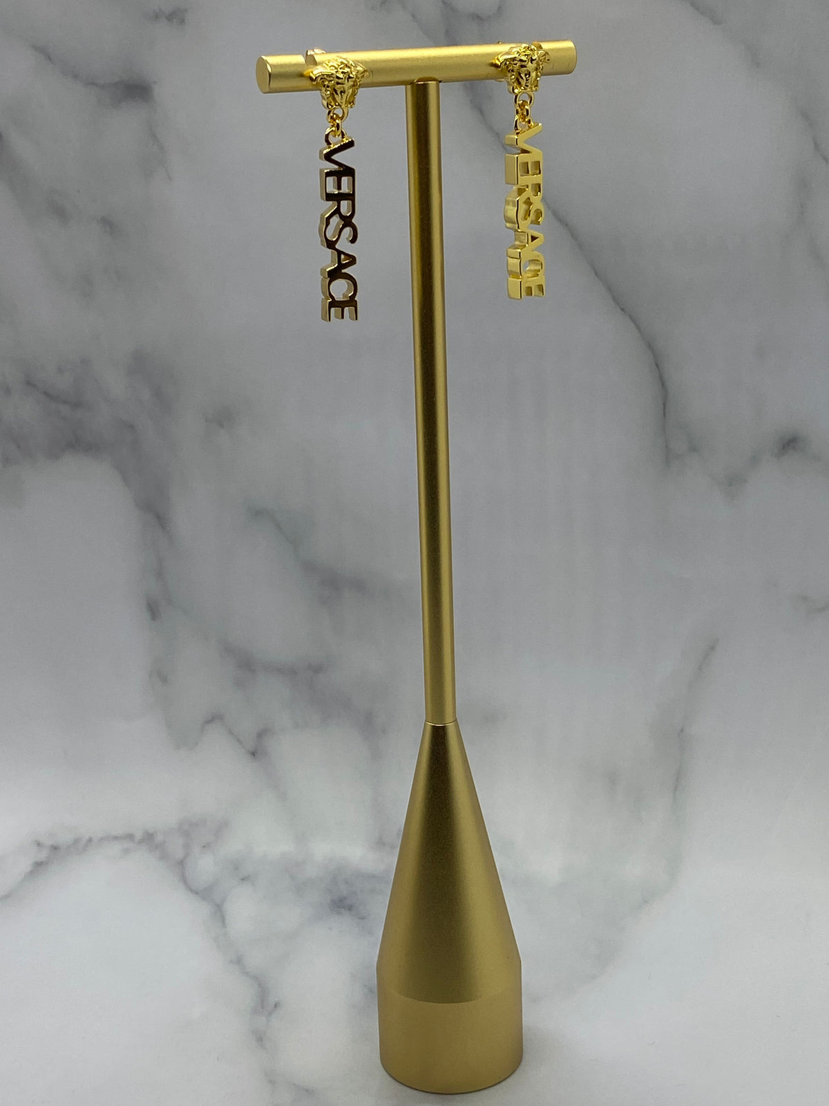 VERSACE Gold Tone Monogram Pendant Earrings - Pre owned