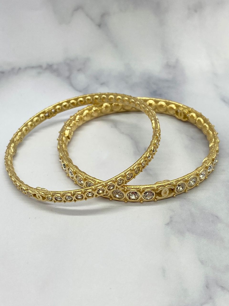 CHANEL CC Gold Tone Rhinestone Bangle Bracelet Set - USED