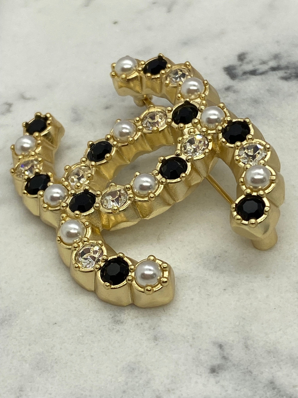 CHANEL CC Gold Tone Rhinestone Brooch Pin - USED