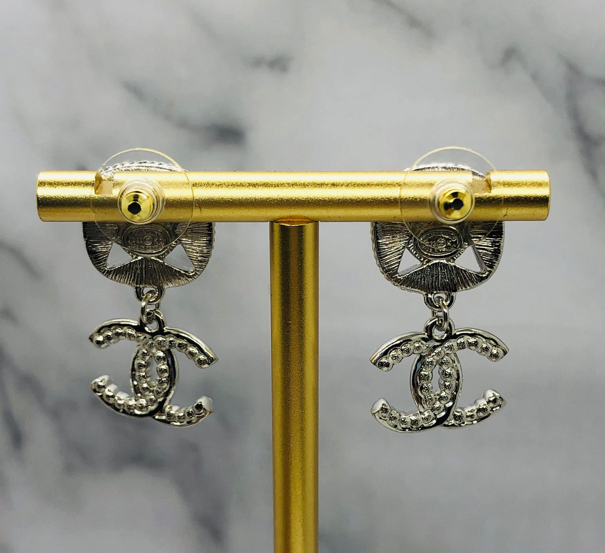 CHANEL CC Silver Tone Pendant Earrings - Pre owned