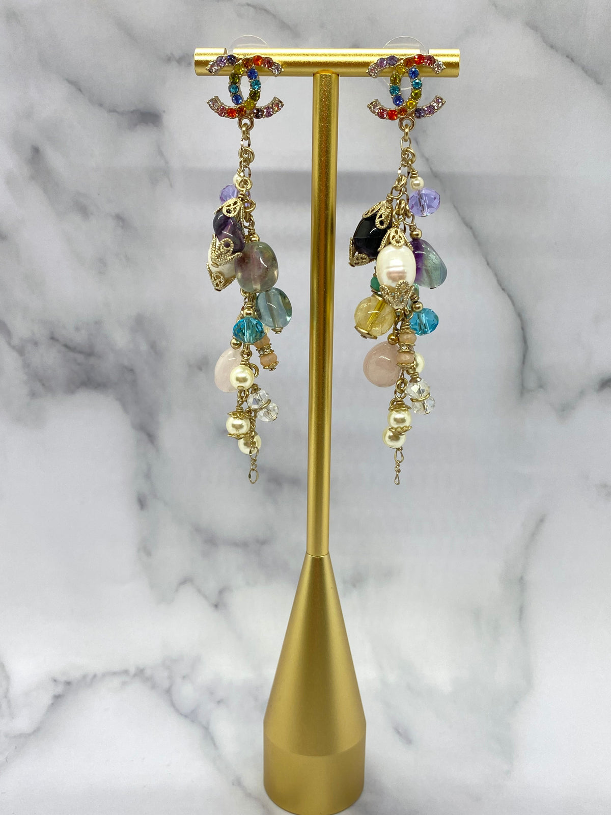 CHANEL CC Colorful Beaded Pendant Earrings - USED