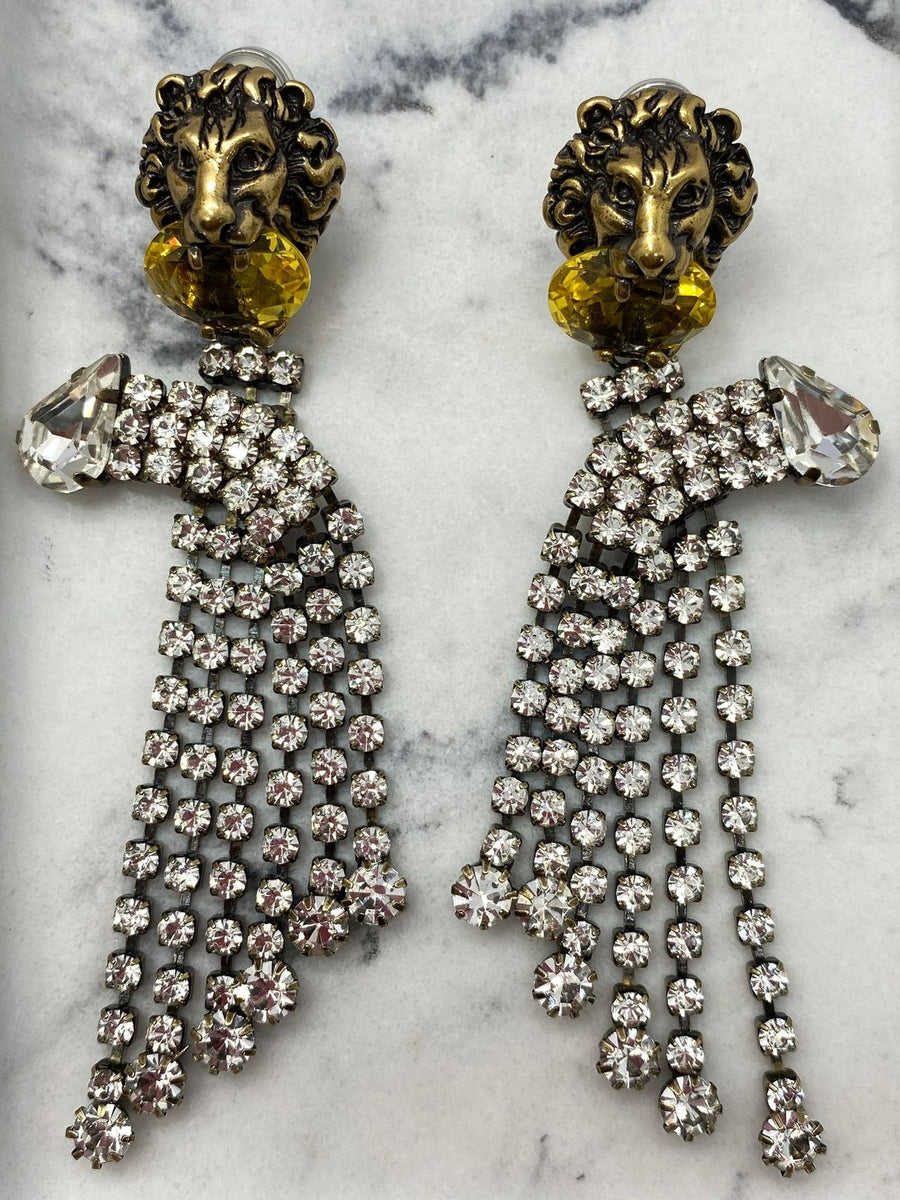 GUCCI Crystal Embellished Lion Earrings - USED