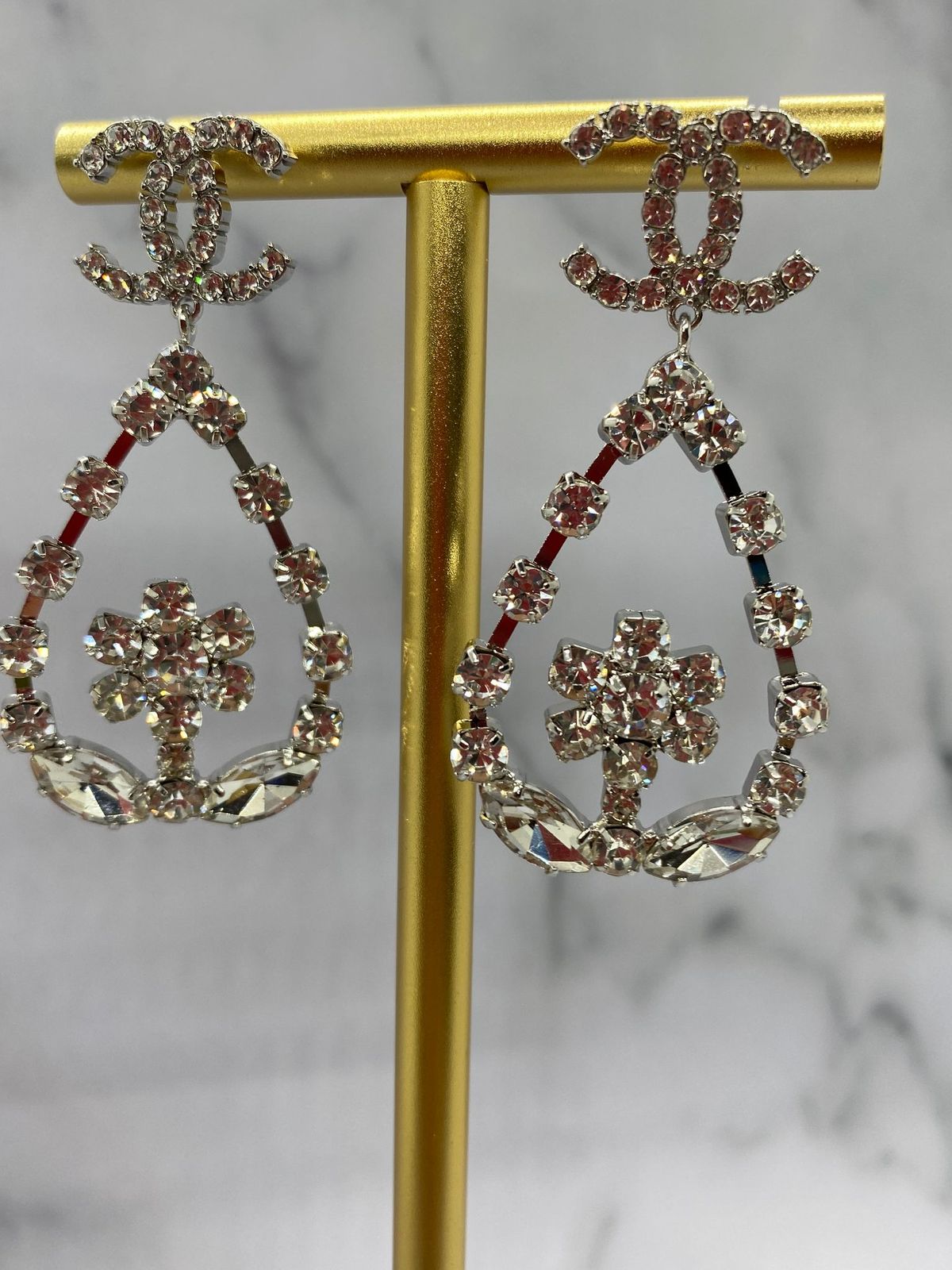 CHANEL CC Silver Tone Rhinestone Pendant Earrings - Pre owned