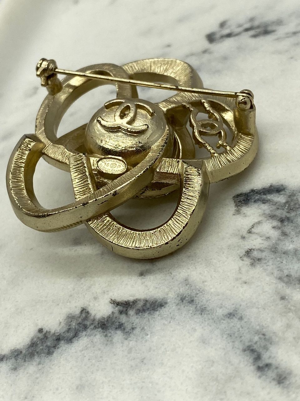 CHANEL CC Gold Tone Rhinestone Camelia Brooch Pin - USED