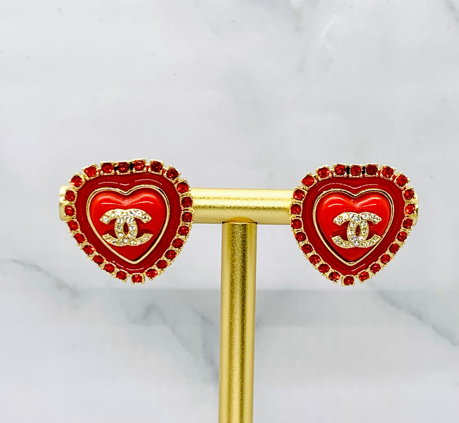 CHANEL CC Red Rhinestone Heart Earrings - Pre owned