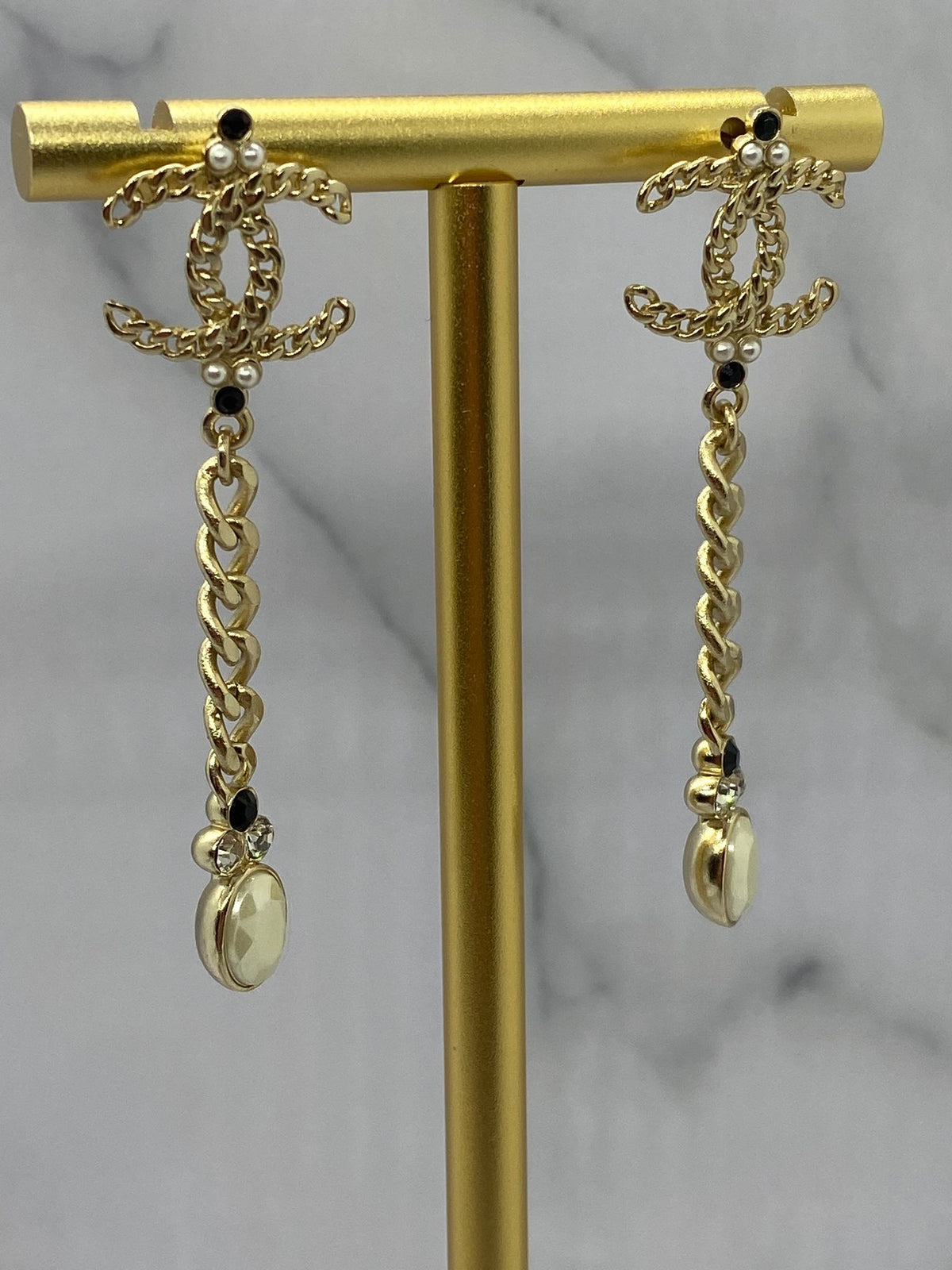 CHANEL CC Gold Tone Pearl Pendant Earrings - Pre owned