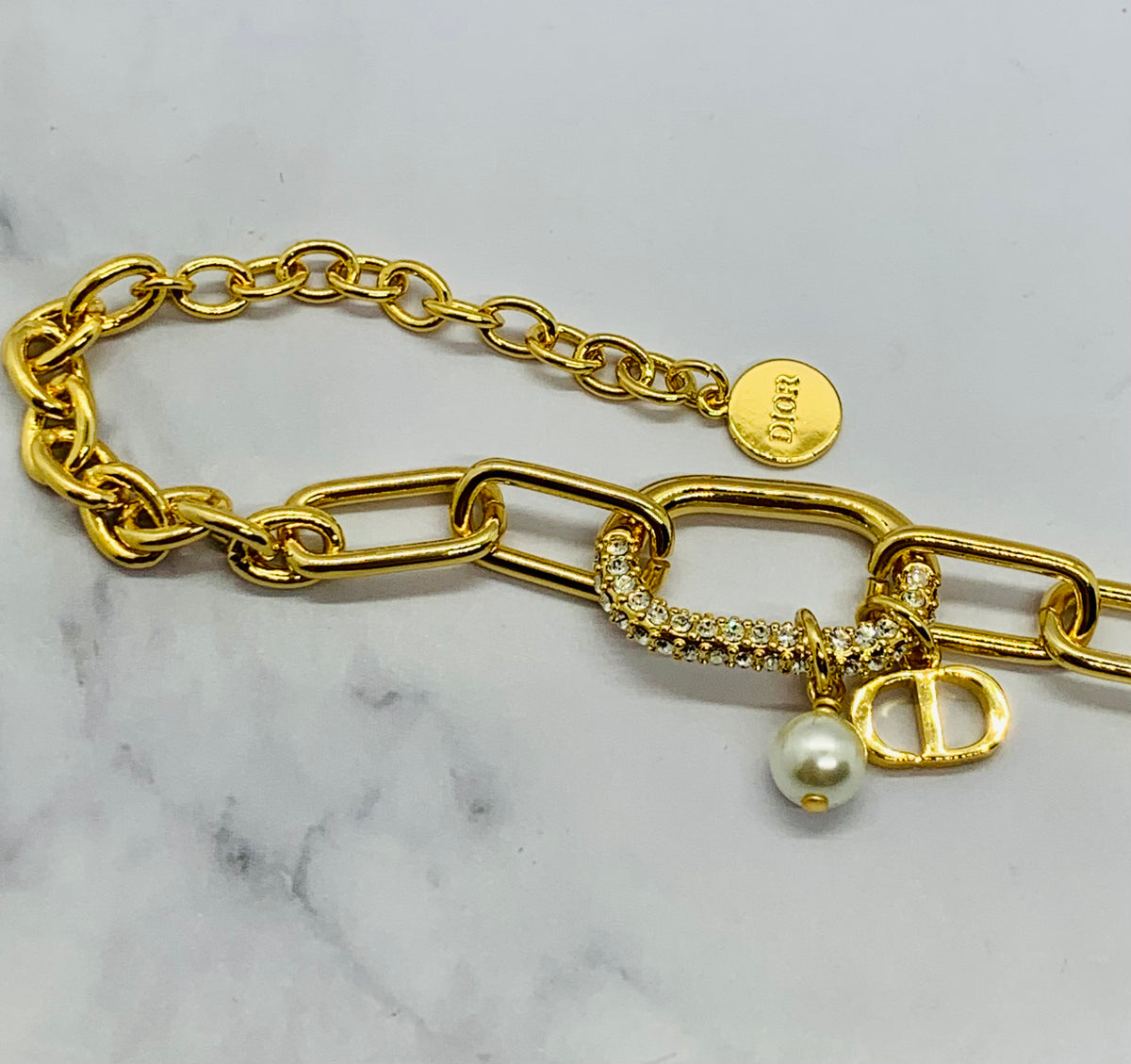 CHRISTIAN DIOR CD Rhinestone Chain Bracelet - Pre owned