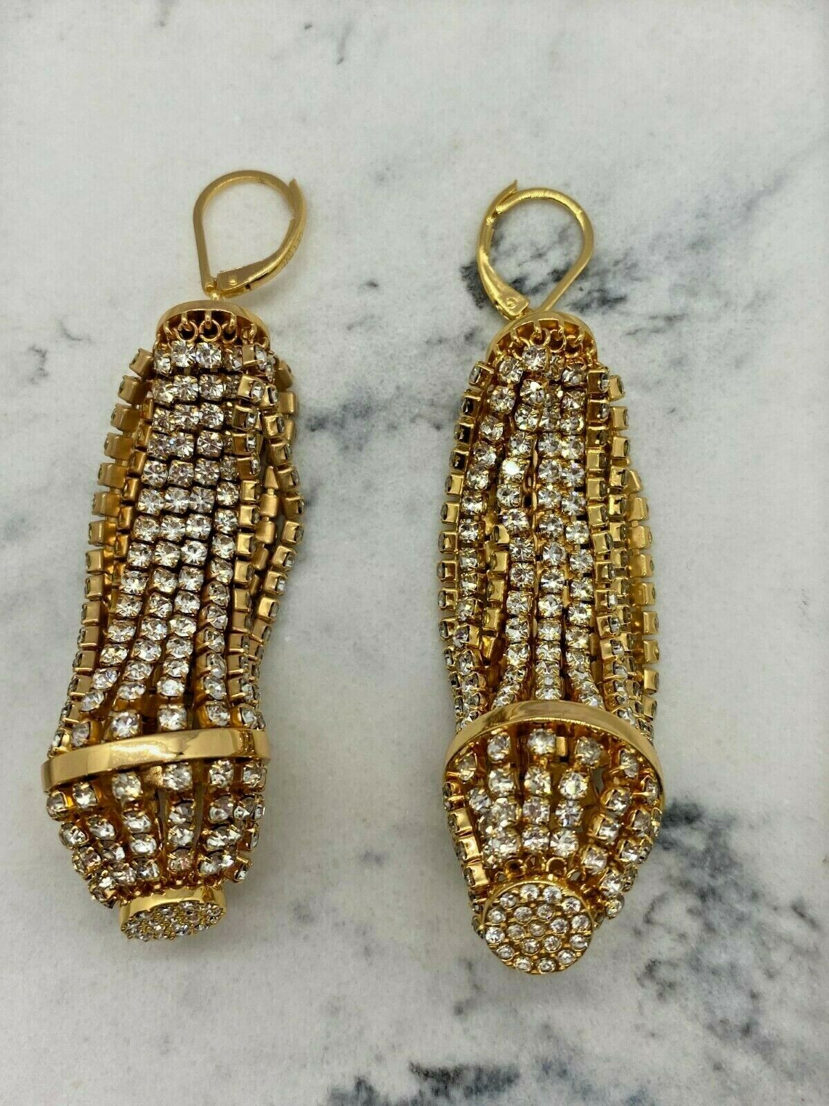 CELINE Gold Tone Rhinestone Chandelier Pendant Earrings - Pre owned