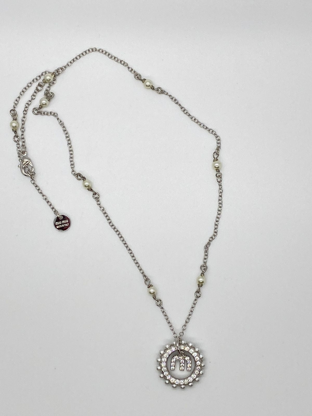 MIU MIU M Rhinestone Silver Tone Charm Necklace - Pre owned
